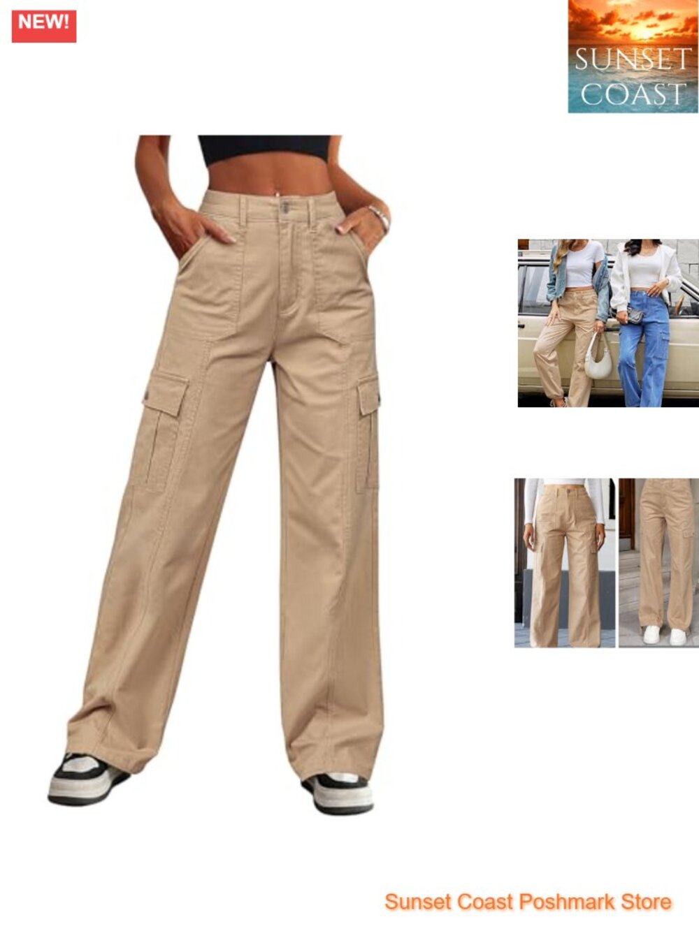 Cargo Pants High Waisted Wide Leg Drawstring 6 Pockets Cotton Blend